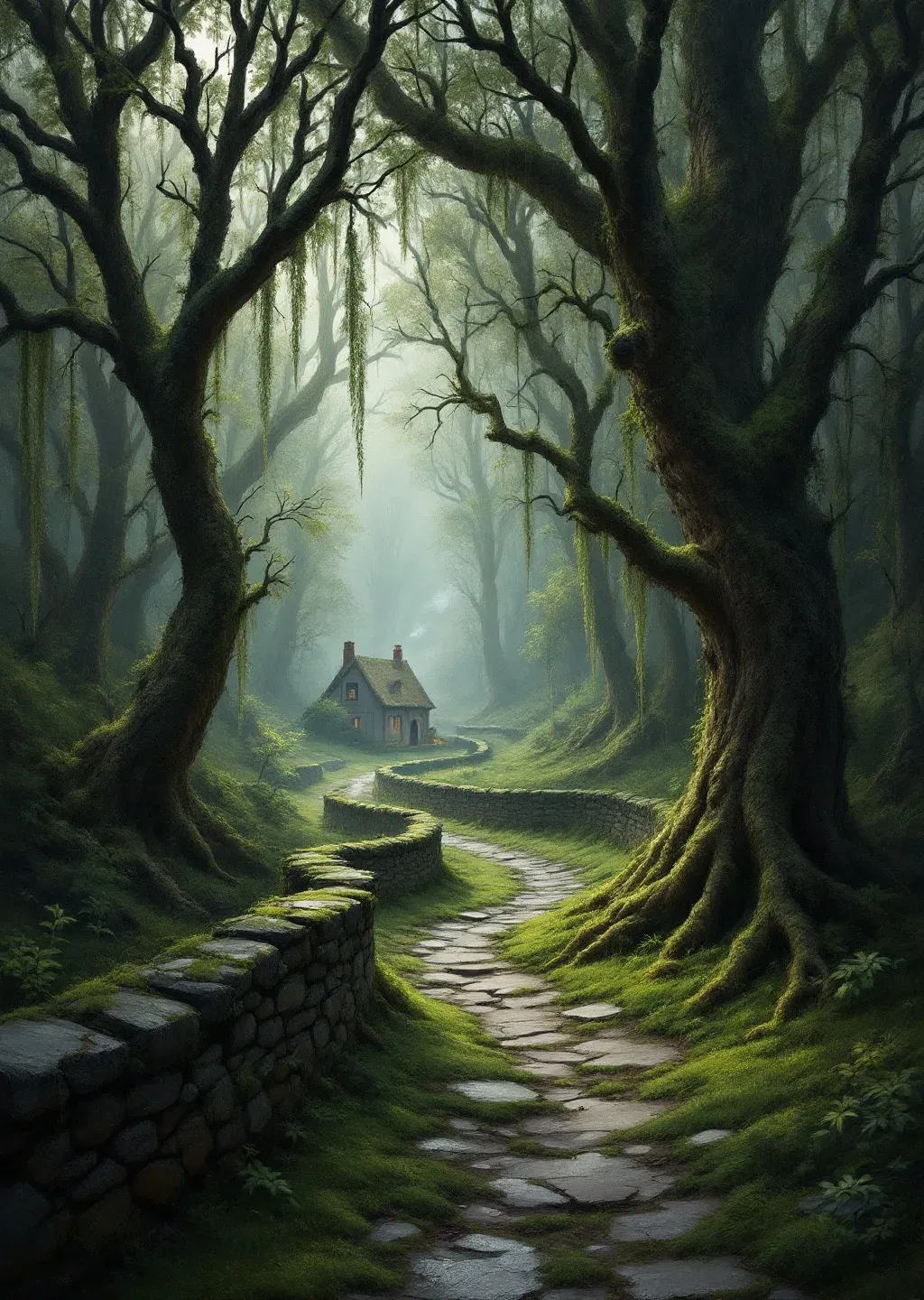 Oil painting of a dim tangled woodland at the edge of a vale, mist threading between dark trees.