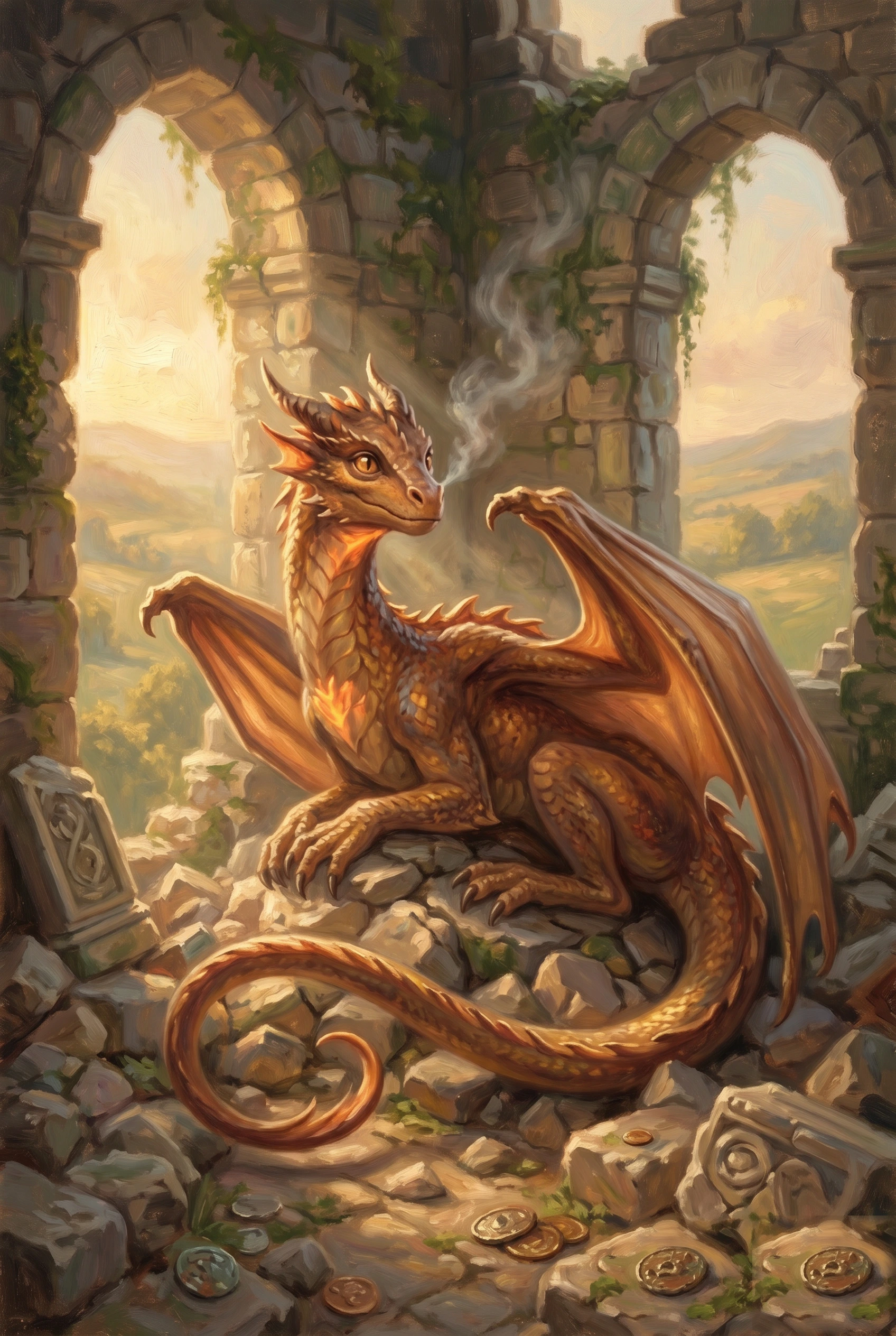 Oil painting of a young amber-and-copper scaled dragon coiled among the tumbled stones of a ruined tower, a thin wisp of smoke curling from one nostril, warm evening light through two arched windows, green rolling hills beyond, a carved rune-stone and a few scattered gold coins at her feet.