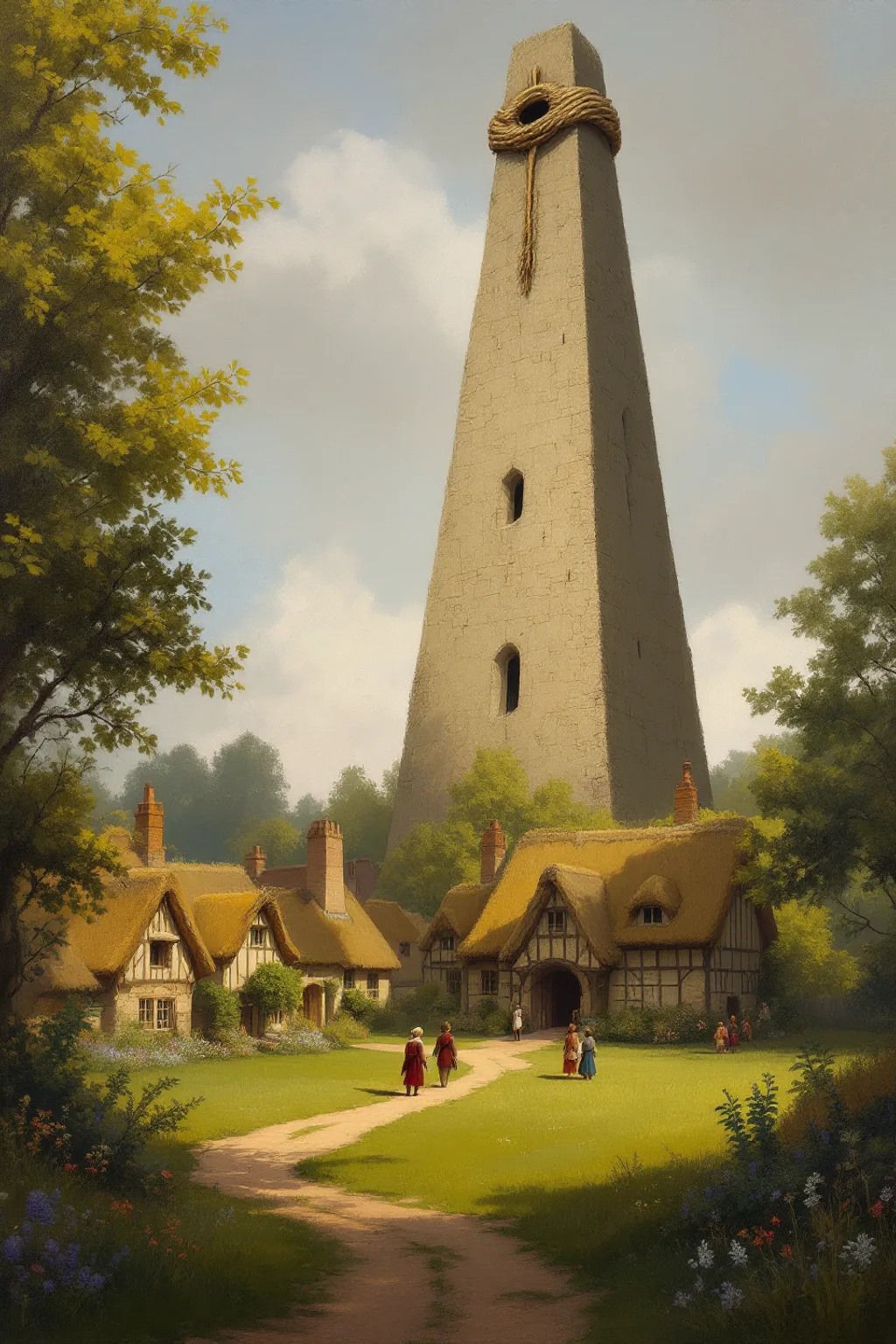 Oil painting of the towering forty-foot stone needle at the heart of Threadneedle village, thread looped through its eye
