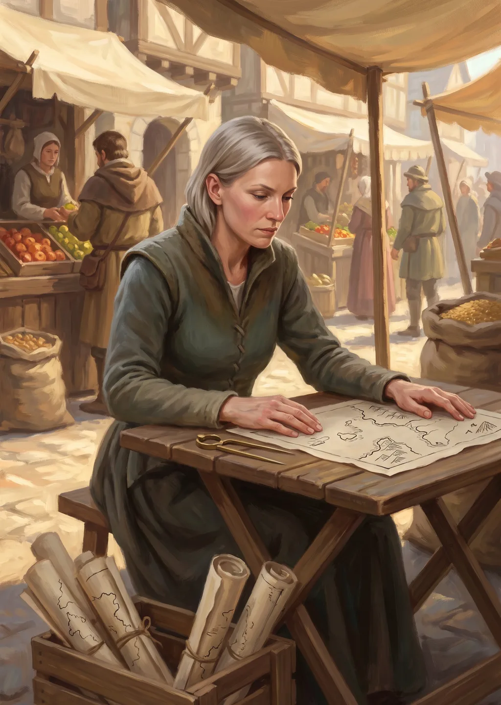 Oil painting of Vesper the cartographer at her folding table, drafting a river chart surrounded by rolled maps and drawing tools.