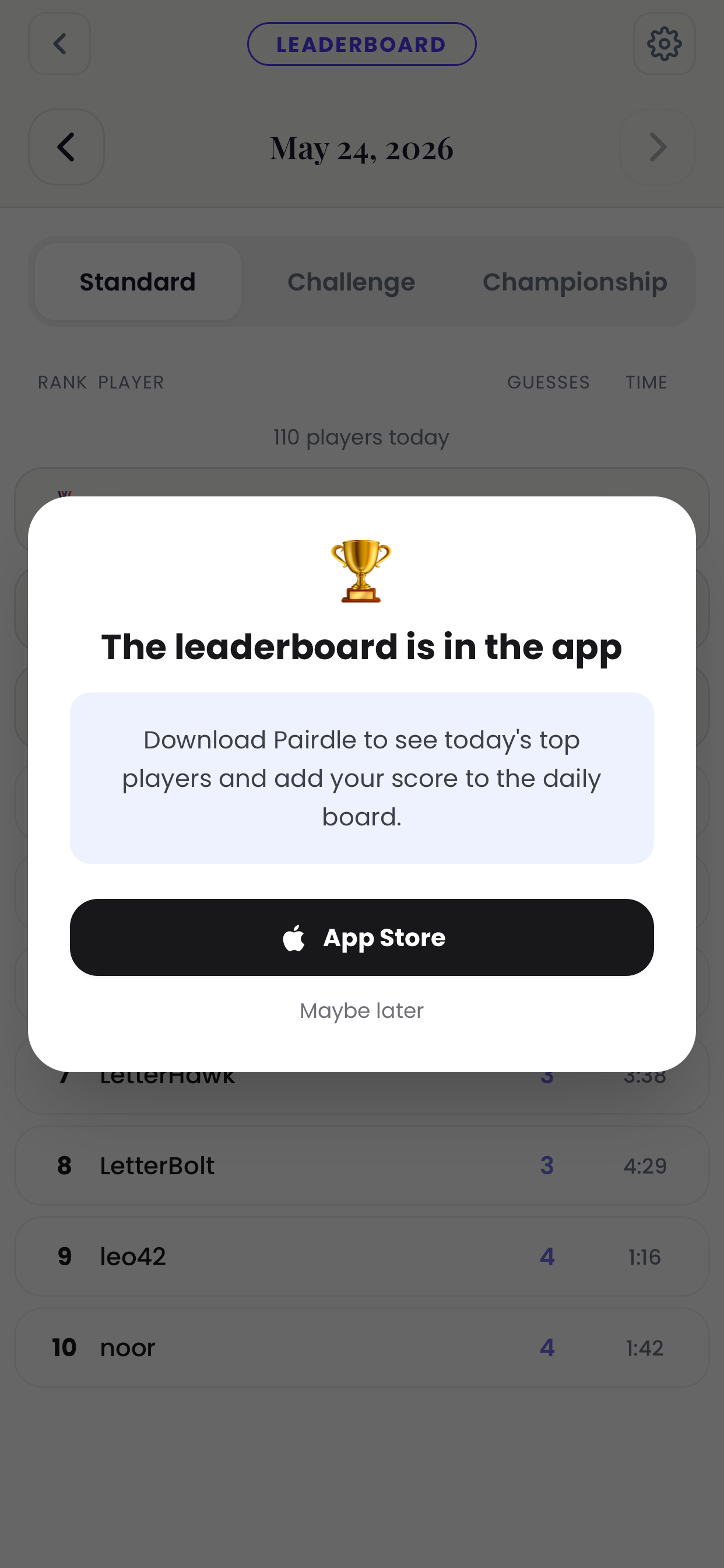 Pairdle leaderboard showing top players and current rank