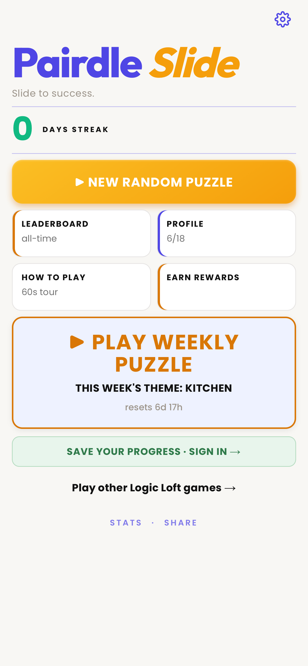 Pairdle Slide home screen with daily puzzle and run mode