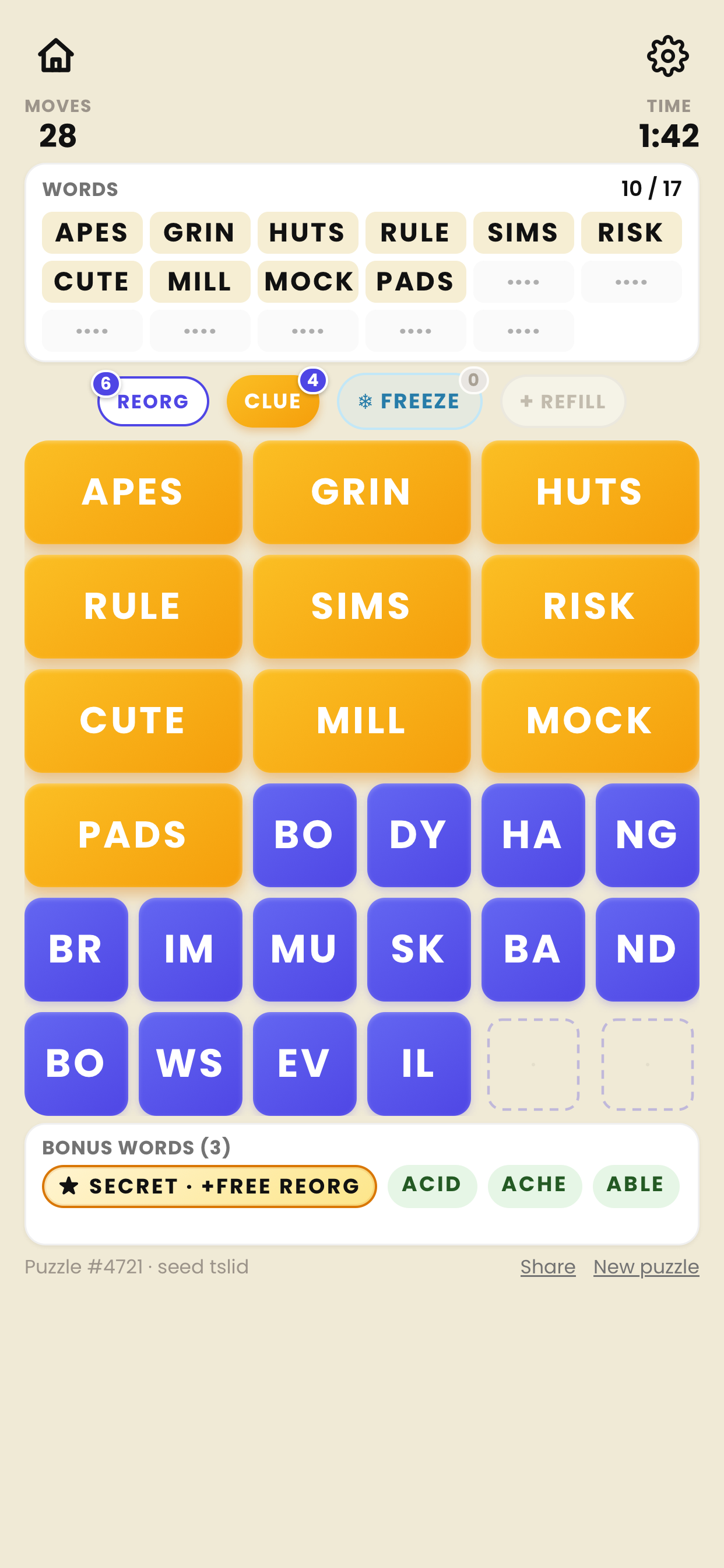 Pairdle Slide mid-game showing sliding-tile word board