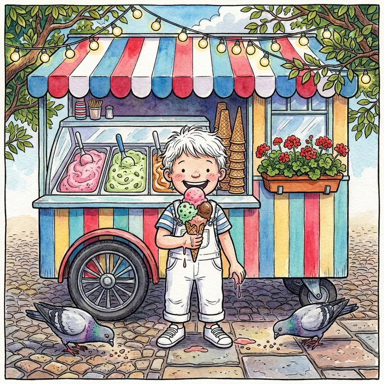 The August 8 Ice Cream daily painting — a kid with a triple-scoop cone at a striped ice-cream cart, pigeons closing in on the drips
